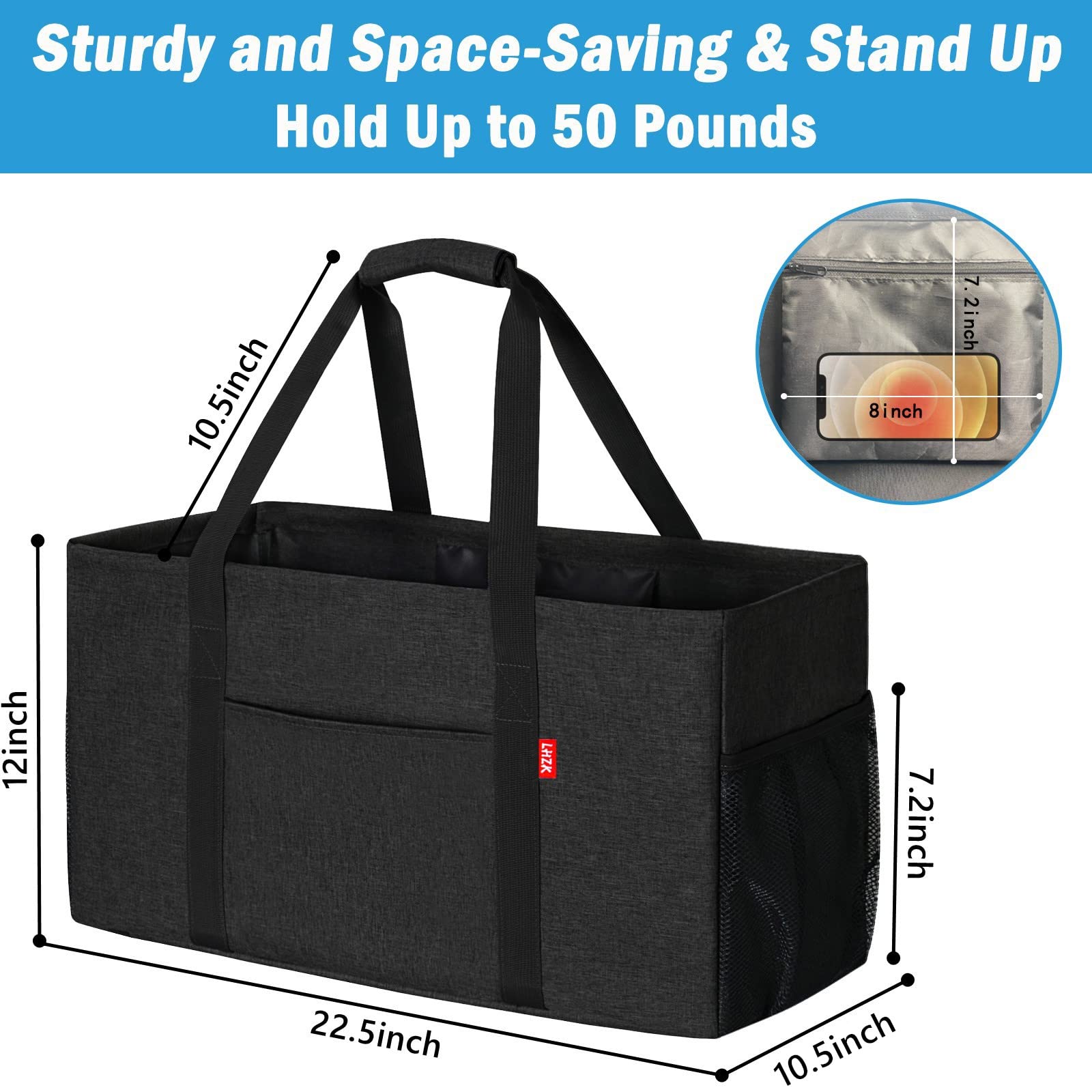 Lhzk Standing Extra Large Utility Tote Bag With Metal Wire Frame And The Sides Rinforced, Large Collapsible Tote (Black)